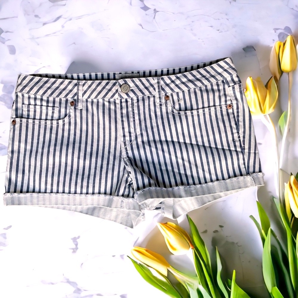AEROPOSTALE Striped Raw Frayed Hem White With Blue Stripes
